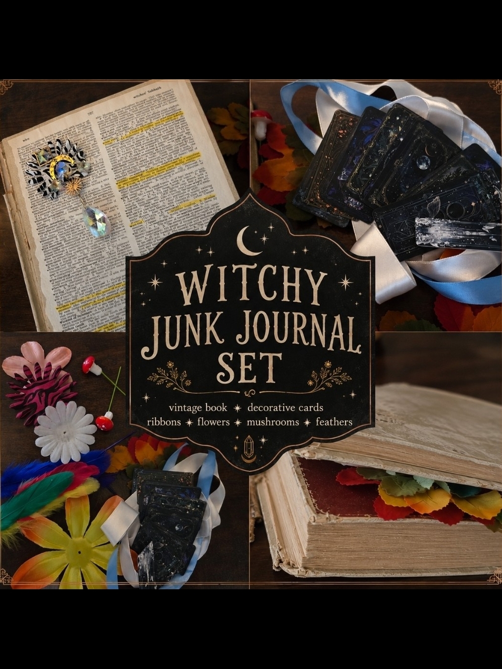 4/$15 Witchy Junk Journal Set Vintage Book Black & Gold Accents And Accessories